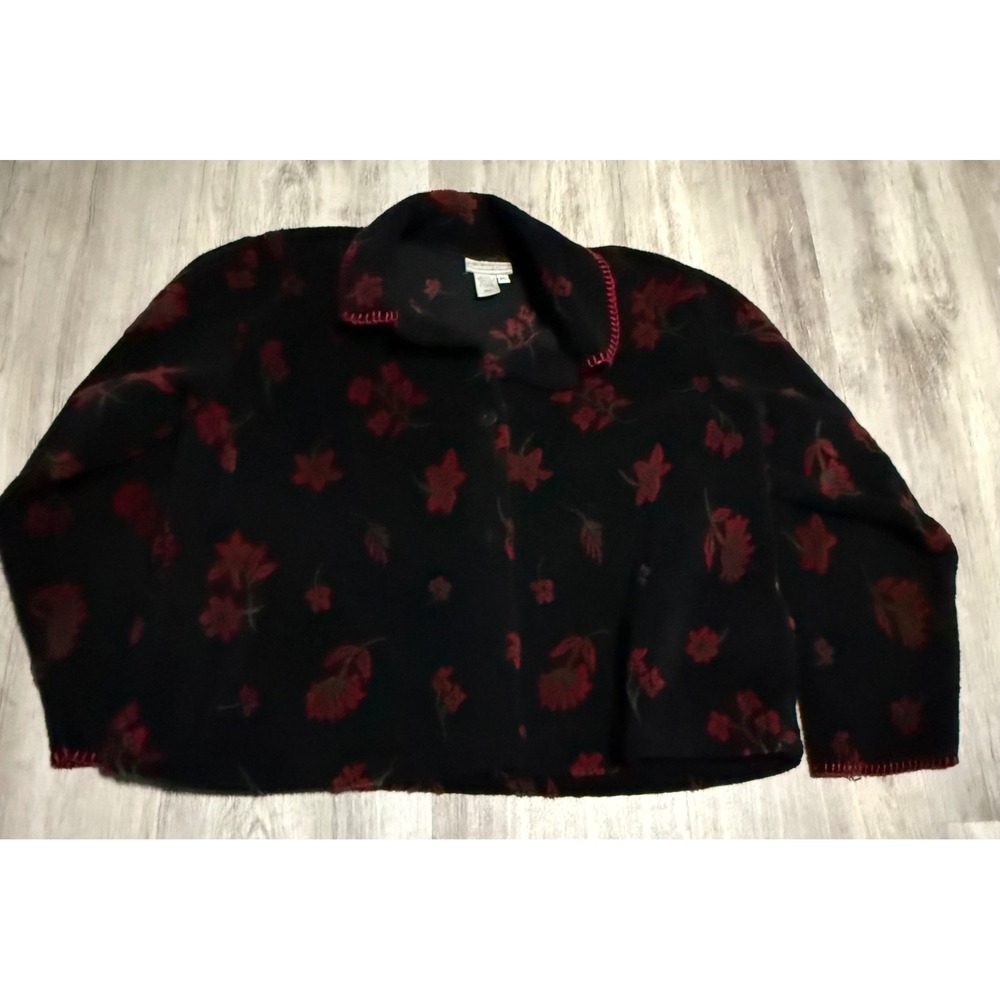 Coldwater Creek Womens PL Black Red Floral Fleece Button Jacket Whipstitch Trim